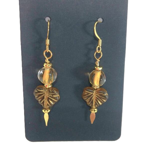 Czech Glass Earrings Artisan Made Vintage Beaded Dangle Brown Golden Accents NEW - Picture 8 of 10